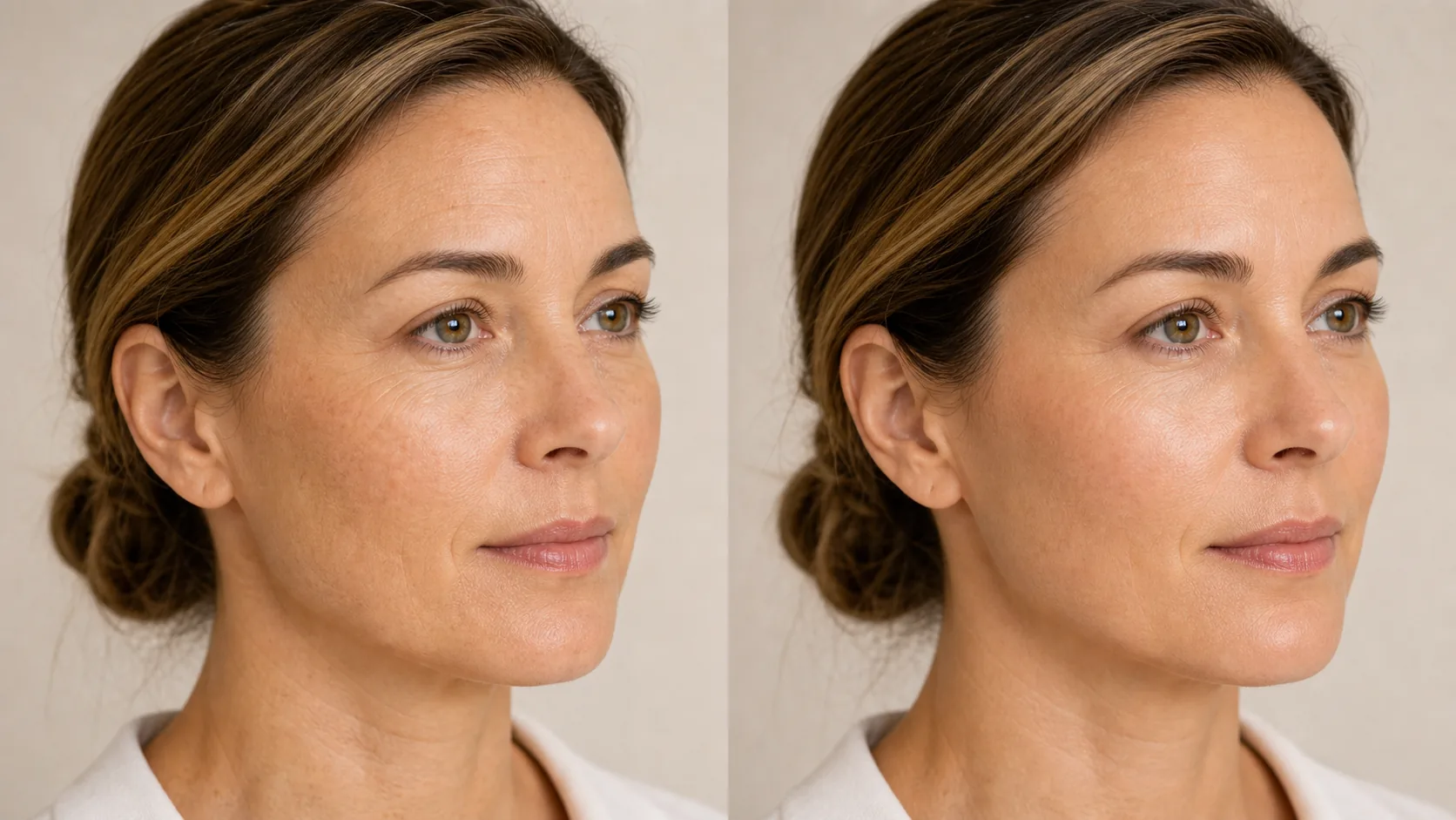 Before and after anti-ageing treatment result showing smoother brighter skin