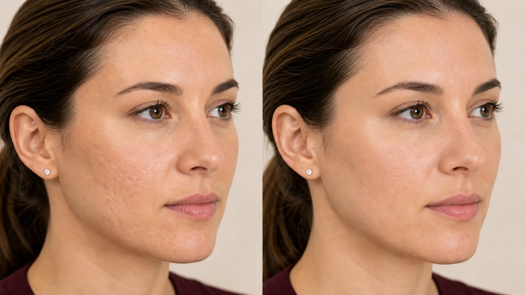 Before and after scarring treatment result showing refined skin texture